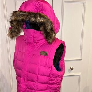 North Face Pink Puffer Vest with Faux Fur Hood